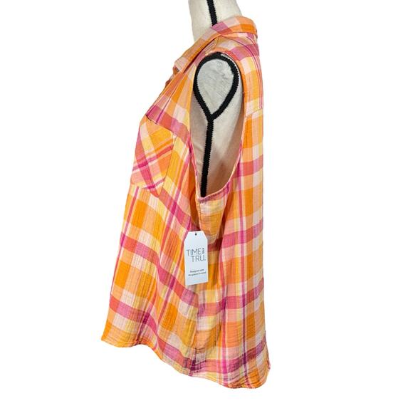 Time & Tru XX-Large (20) Top Plaid Button-Up Sleeveless Collared Pocket Gauzy - Picture 5 of 8